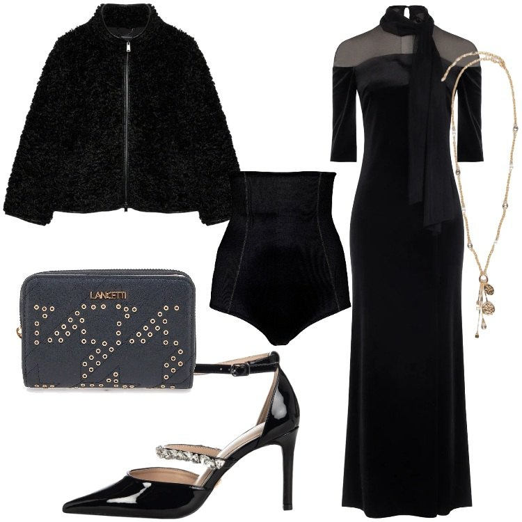 Outfit donna - Serata elegante in velluto. Stile Chic per Serata fuori. Abbinamento con culotte, vestiti lunghi, décolleté, portafogli, ciondoli, ecopellicce.