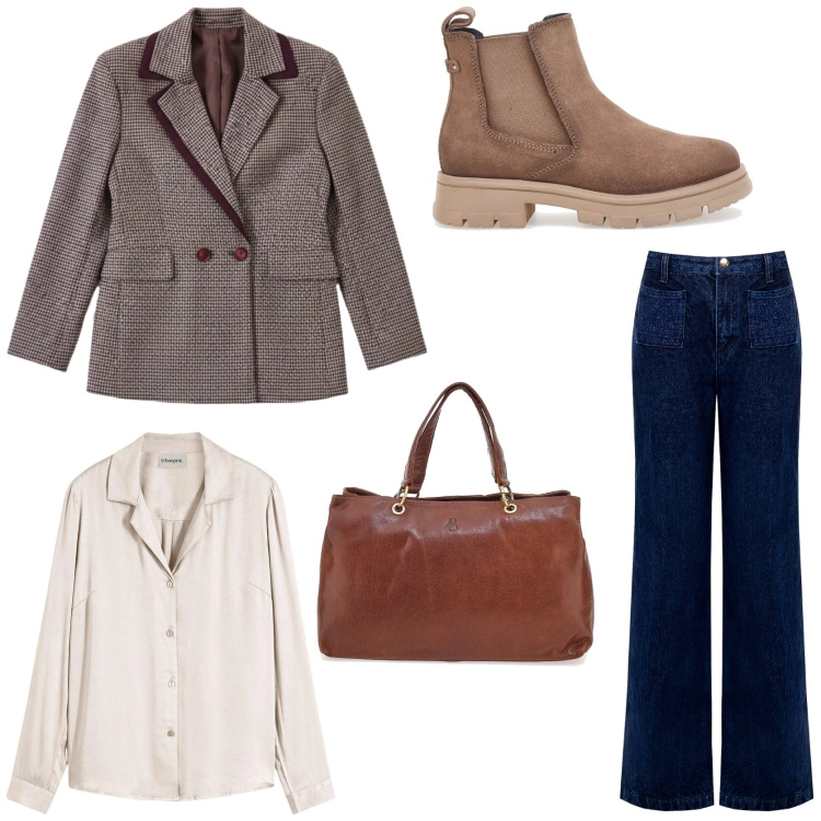Outfit donna - Denim in inverno. Stile Casual chic per Tutti i giorni. Abbinamento con camicie, jeans, blazer, borse a tracolla, stivaletti chelsea.