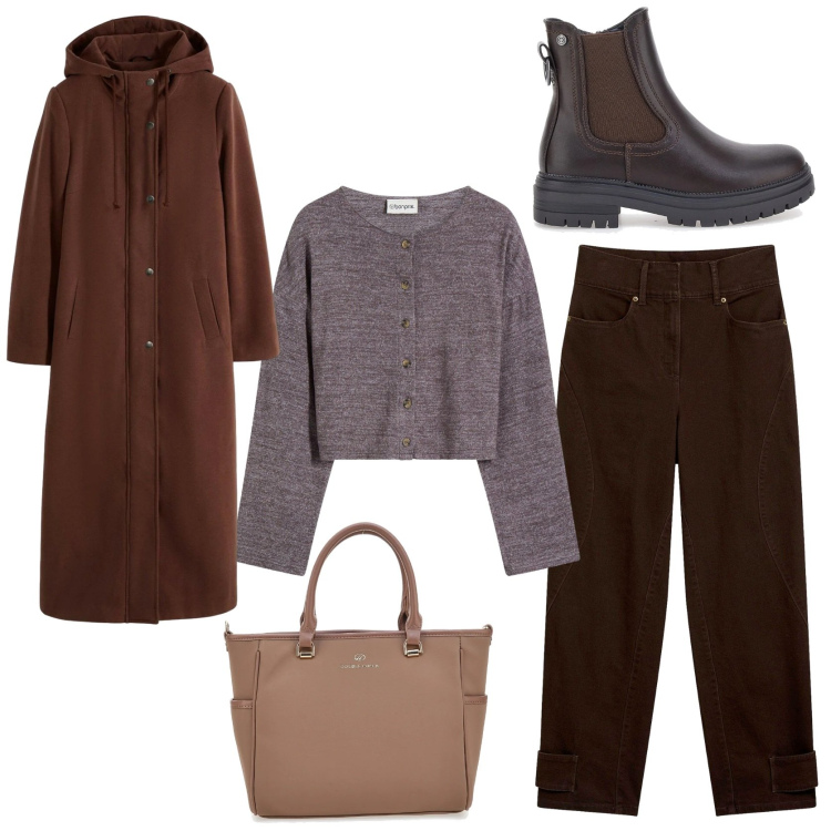 Outfit donna - Chocolate Winter. Stile Casual chic per Tutti i giorni. Abbinamento con cappotti, cardigans, pantaloni, stivaletti chelsea, borse a tracolla.