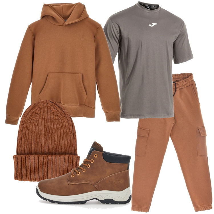 Outfit uomo - Casual a febbraio. Stile Casual per Tutti i giorni. Abbinamento con berretti, pantaloni cargo, felpe con cappuccio, t-shirt sportive, scarpe sportive.