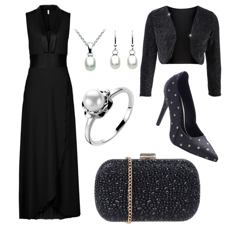 Outfit donna - Serata chic a poco prezzo. Stile Chic per Serata fuori. Abbinamento con vestiti chemisier, felpe, bolero, borsa a mano petit con strass interno foderato in raso tinta unita, anello in sterling 925 argento, collana forma ovale in argento 925.