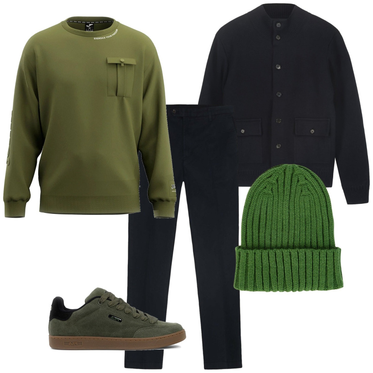 Outfit uomo - Muschio. Stile Casual per Tutti i giorni. Abbinamento con berretti, giacche, sneakers, felpe, pantaloni.