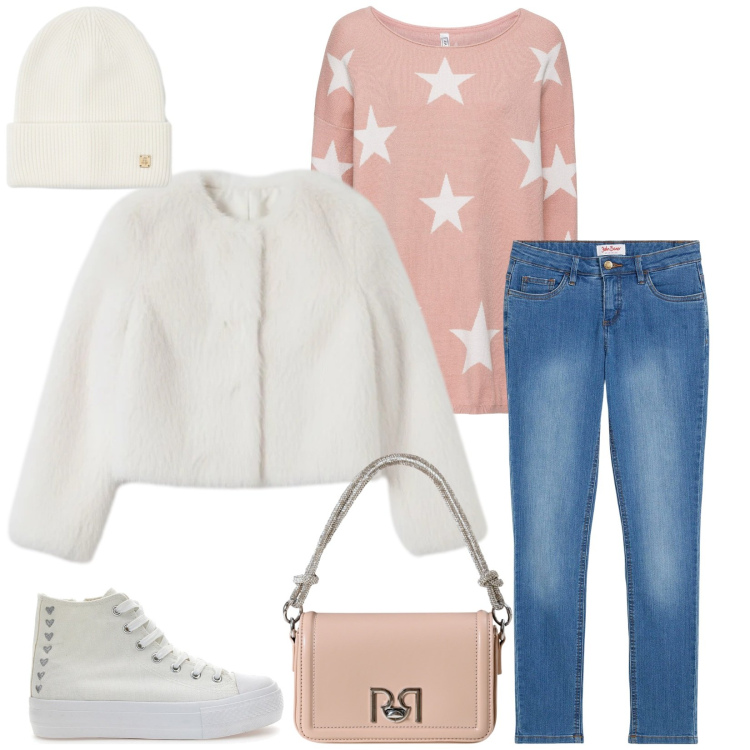 Outfit donna - Total look #2326699. Stile Casual per Tutti i giorni. Abbinamento con jeans skinny, maglieria, ecopellicce, berretti, borse a mano, sneakers.