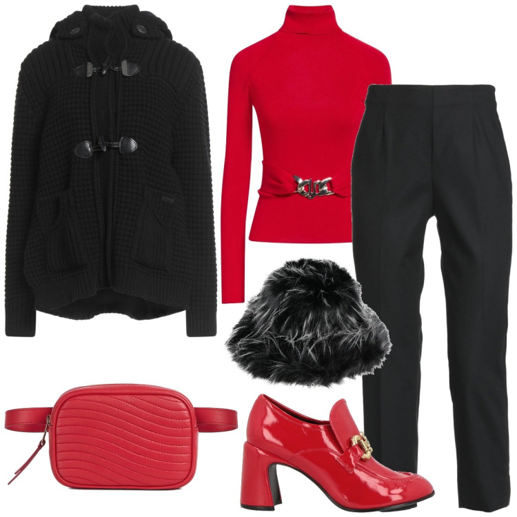 Outfit donna - Love in red. Stile Glamour per Tutti i giorni. Abbinamento con mocassini, marsupi, cappelli, maglieria, pantaloni, montgomery.