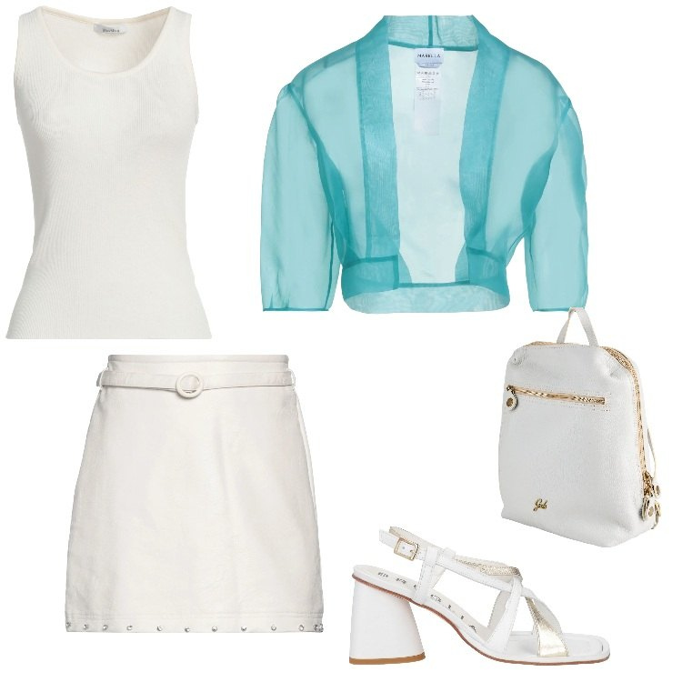 Outfit donna - Look estivo. Stile Casual chic per Tutti i giorni. Abbinamento con sandali in pelle, zaini, minigonne, blazer, top.