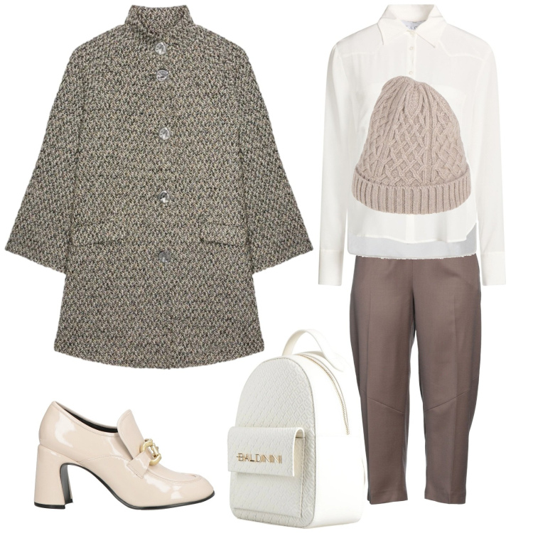 Outfit donna - Ore 9 in punto. Stile Casual chic per Ufficio. Abbinamento con mocassini, cappelli, zaini, pantaloni, camicie, cappotti.