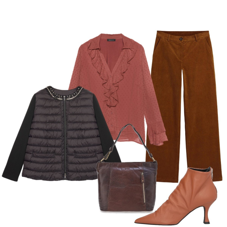 Outfit donna - Apericena in centro. Stile Glamour per Serata fuori. Abbinamento con pantaloni, stivaletti, bluse, piumini, borse a spalla.