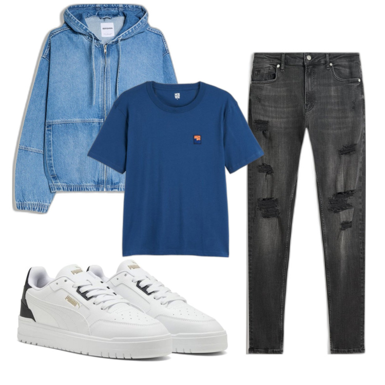 Outfit hombre - Casual #1060. Estilo Casual para Todos los días. Combinación con camiseta, sneakers, vaqueros rotos, chaquetas.