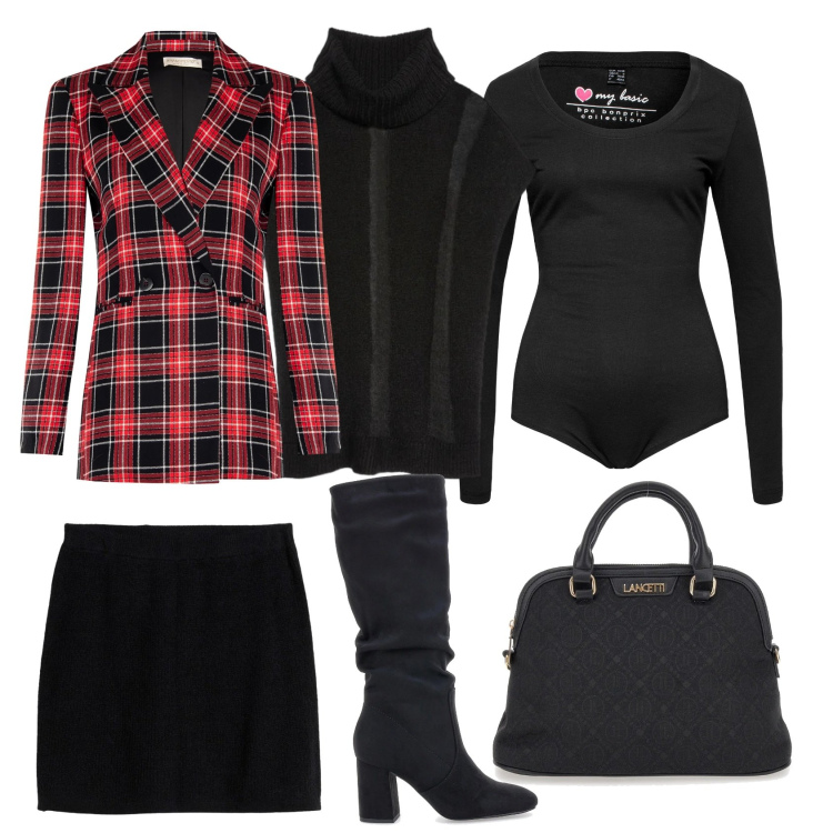 Outfit donna - Total look #2327116. Stile Chic per Ufficio. Abbinamento con body, minigonne, blazer, borse a spalla, stivali sopra il ginocchio, gilet.