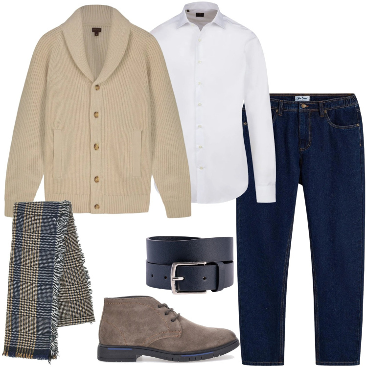 Outfit uomo - Occasione informale con denim scuro. Stile Casual per Ufficio. Abbinamento con jeans dritti, sciarpe, scarpe stringate, cinture, camicie, cardigans.