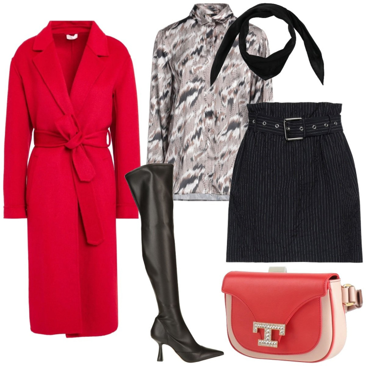 Outfit donna - San valentino al cinema. Stile Glamour per Serata fuori. Abbinamento con cappotti, stivali sopra il ginocchio, camicie, marsupi, sciarpe, minigonne.