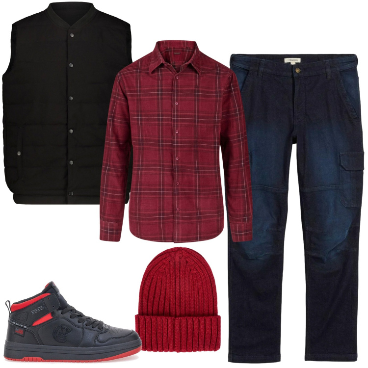 Outfit uomo - Total look #2327193. Stile Casual per Tutti i giorni. Abbinamento con jeans dritti, camicie, sneakers, berretti, piumini.