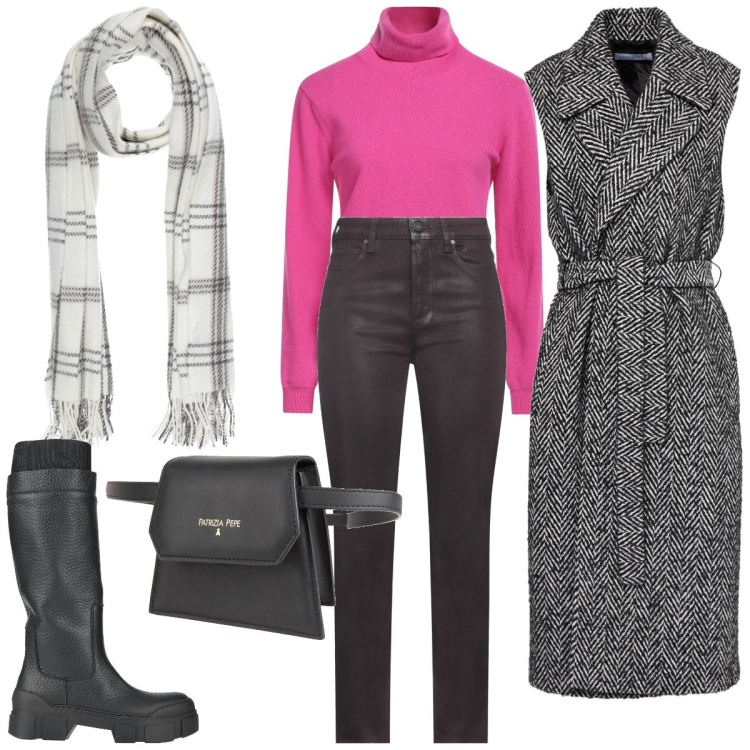 Outfit donna - Look da giorno. Stile Casual chic per Tutti i giorni. Abbinamento con sciarpe, jeans, maglieria, cappotti, stivali, marsupi.