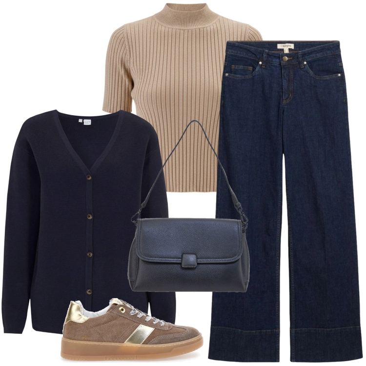 Outfit donna - Jeans comodi e morbidi sul corpo. Stile Basic per Tutti i giorni. Abbinamento con cardigans, jeans, pullovers, sneakers, borse a spalla.