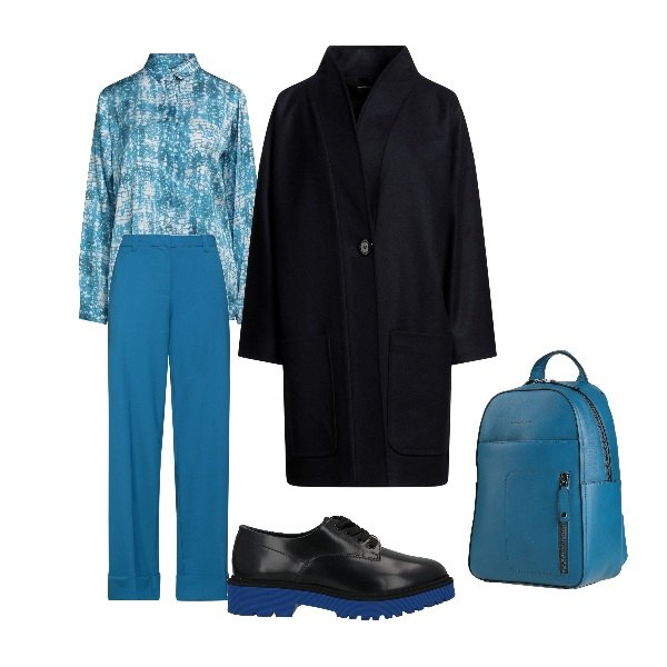 Outfit donna - in ufficio. Stile Basic per Ufficio. Abbinamento con scarpe stringate, cappotti, camicie, zaini, pantaloni.