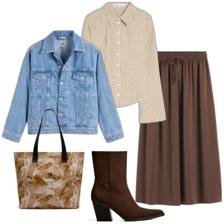 Outfit mujer - Casual chic #1078. Estilo Casual chic para Todos los días. Combinación con bolso tote, blazers, faldas, botines, camisas.