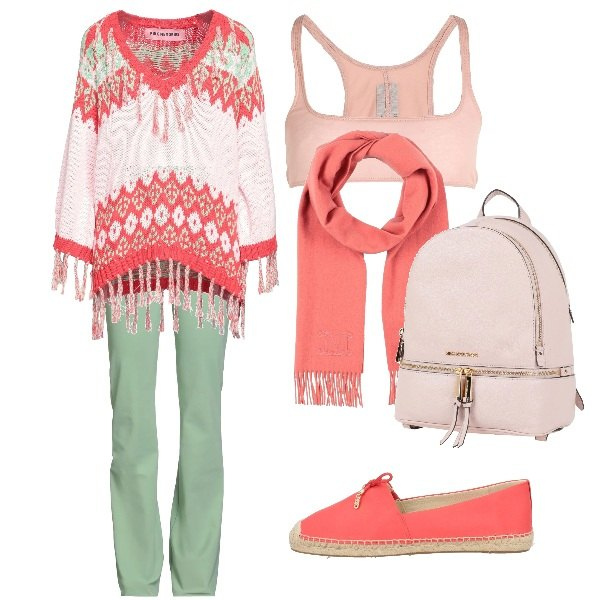 Outfit donna - Una vita tranquilla. Stile Boho per Tutti i giorni. Abbinamento con zaini, pullovers, leggings, sciarpe, espadrillas, top.