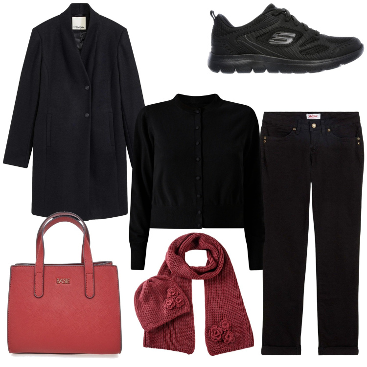 Outfit donna - Nero d \' inverno. Stile Casual chic per Tutti i giorni. Abbinamento con jeans dritti, sciarpe, cappotti, cardigans, sneakers, borse a tracolla.