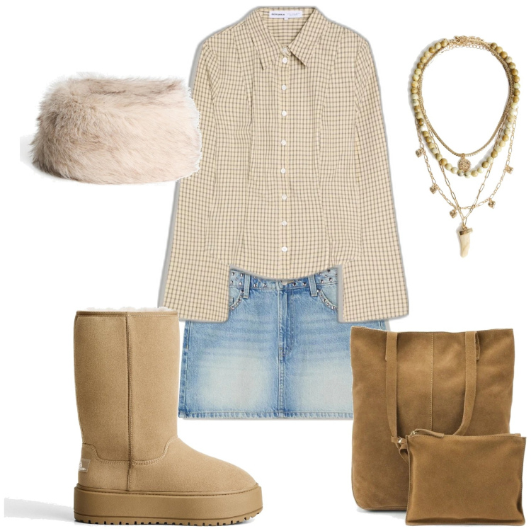 Outfit mujer - Casual #848. Estilo Casual para Escuela/Universidad. Combinación con colgantes, gorros, bolso tote, faldas, botas, camisas.