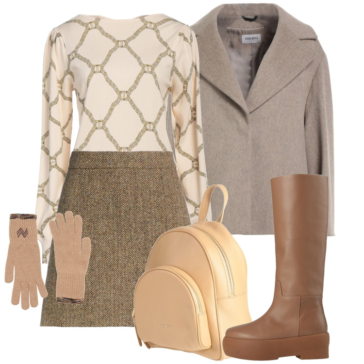 Outfit donna - Gennaio. Stile Bon Ton per Ufficio. Abbinamento con guanti, minigonne, cappotti, pullovers, stivali, zaini.