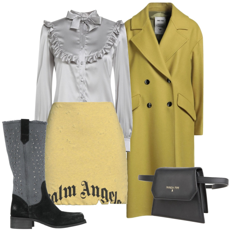 Outfit donna - Grigio e banana. Stile Urban per Serata fuori. Abbinamento con stivali, camicie, marsupi, cappotti, minigonne.