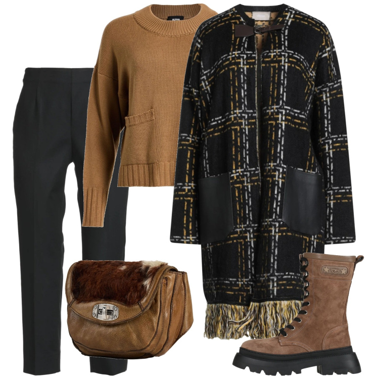 Outfit donna - Gennaio tessuto chanel. Stile Chic per Tutti i giorni. Abbinamento con marsupi, pullovers, stivaletti, pantaloni, cappotti.