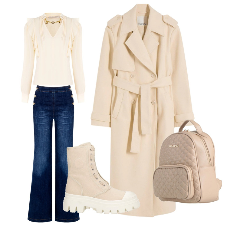 Outfit donna - Shopping al centro commerciale. Stile Casual per Tutti i giorni. Abbinamento con trench, stivaletti, zaini, jeans, bluse.