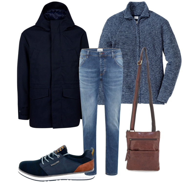 Outfit uomo - Comodo. Stile Casual per Tutti i giorni. Abbinamento con cardigans, jeans dritti, portafogli, sneakers, giacche.