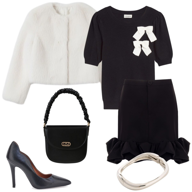 Outfit donna - Total look #2327261. Stile Romantica per Serata fuori. Abbinamento con maglieria, braccialetti, minigonne, borse a mano, ecopellicce, décolleté.