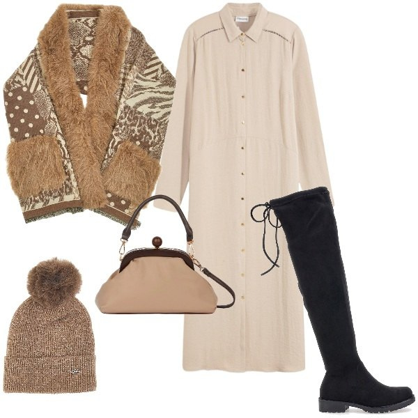 Outfit donna - Passeggiata in città con stivali. Stile Trendy per Tutti i giorni. Abbinamento con vestiti chemisier, stivali sopra il ginocchio, berretti, clutch, cappe.