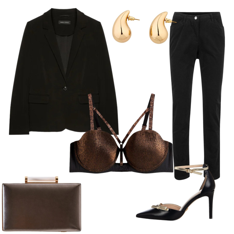Outfit donna - Midnight Reflection. Stile Romantica per Serata fuori. Abbinamento con pantaloni, orecchini, reggiseni a balconcino, décolleté, clutch, blazer.