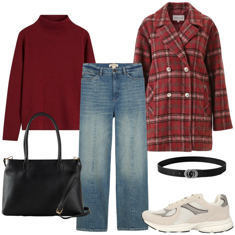 Outfit donna - Il cappotto a quadri. Stile Basic per Scuola/Università. Abbinamento con jeans dritti, borse a mano, felpe, cinture, sneakers, cappotti.