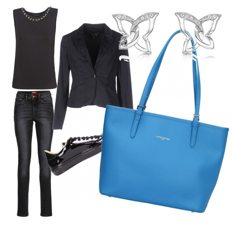 Outfit donna - Cool tutti i giorni. Stile Basic per Tutti i giorni. Abbinamento con jeans slim fit, giacca collo con revers a maniche lunghe interno foderato tinta unita, borsa a spalla con manico e logo frontale blu, camicetta nero, orecchini in argento 925, sneakers effetto vernice con logo.