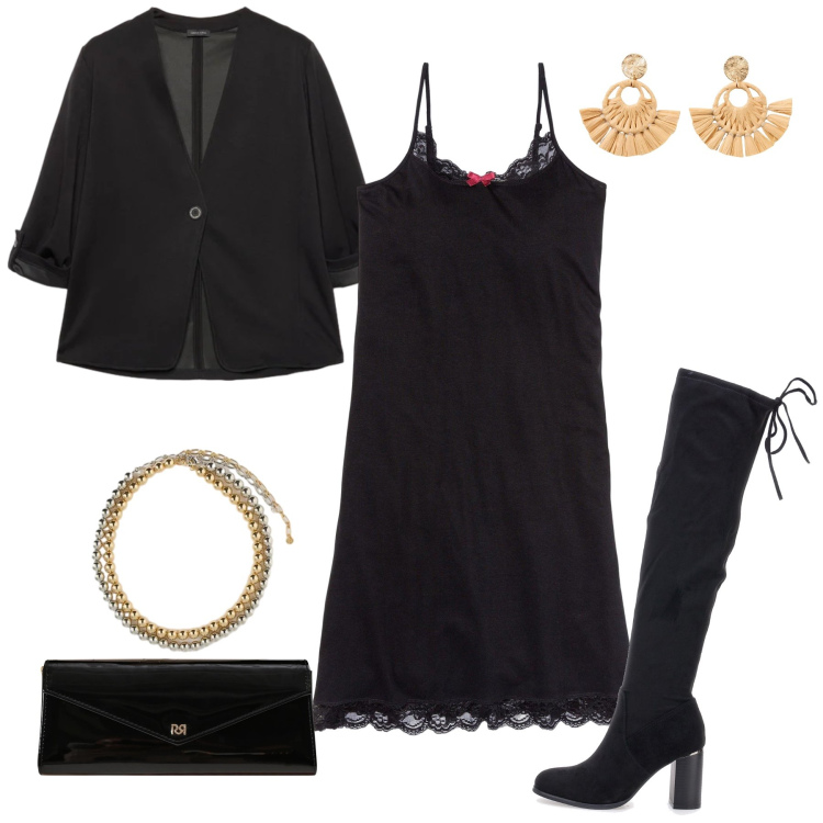 Outfit donna - Midnight Lace & Noir Elegance. Stile Glamour per Serata fuori. Abbinamento con camicie da notte, orecchini, pochette, blazer, collane, stivali sopra il ginocchio.
