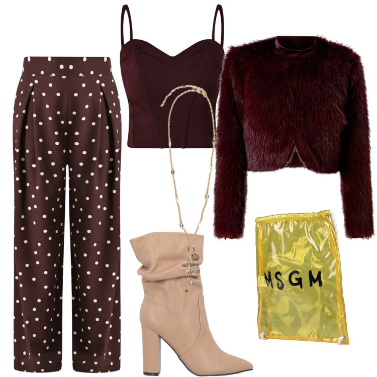 Outfit donna - Love, but make it Fashion. Stile Glamour per Serata fuori. Abbinamento con zaini, stivaletti, pantaloni a palazzo, blazer, top, ciondoli.