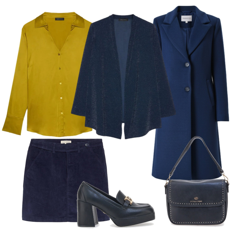 Outfit donna - Total look #2327283. Stile Casual chic per Ufficio. Abbinamento con minigonne, cappotti, mocassini, borse a tracolla, cardigans, camicie.