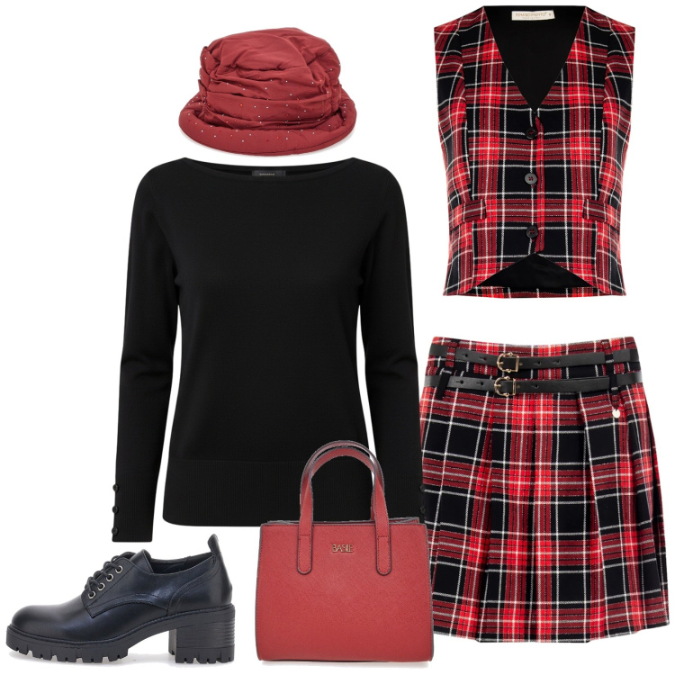 Outfit donna - Total look #2327290. Stile Chic per Tutti i giorni. Abbinamento con gilet, minigonne, maglieria, cappelli, scarpe stringate, borse a tracolla.