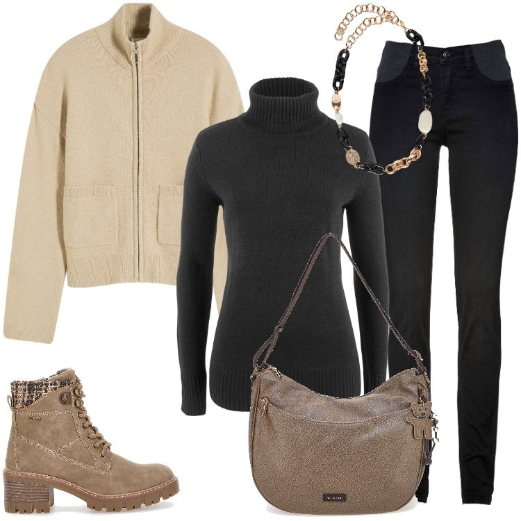 Outfit donna - Total look #2327314. Stile Basic per Tutti i giorni. Abbinamento con jeans skinny, maglieria, cardigans, collane, anfibi, borse a spalla.