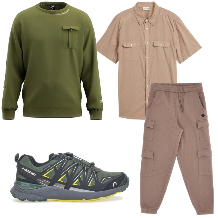 Outfit uomo - Dinamico. Stile Casual per Tutti i giorni. Abbinamento con camicie a manica corta, felpe, pantaloni cargo, stivali e stivaletti.
