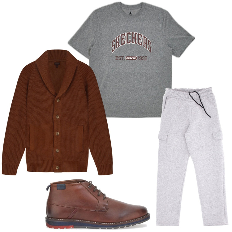Outfit uomo - Il cardigan wine. Stile Trendy per Tutti i giorni. Abbinamento con scarpe stringate, t-shirt, pantaloni cargo, cardigans.