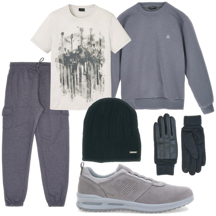 Outfit uomo - Look sportivo. Stile Urban per Tutti i giorni. Abbinamento con t-shirt, guanti, sneakers, felpe, pantaloni cargo, berretti.