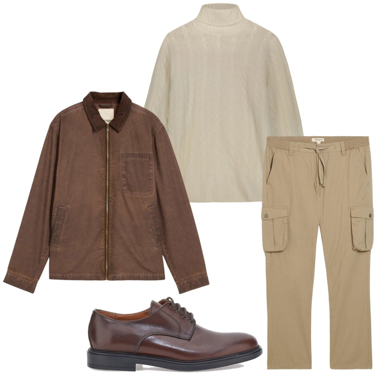 Outfit uomo - Eleganza rilassata. Stile Casual per Tutti i giorni. Abbinamento con giacche, pantaloni cargo, scarpe stringate, maglieria.