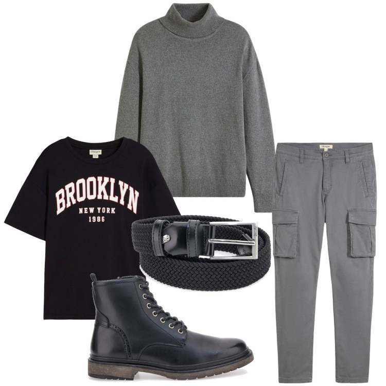 Outfit uomo - Basic. Stile Trendy per Tutti i giorni. Abbinamento con pantaloni cargo, t-shirt, maglieria, anfibi, cinture.