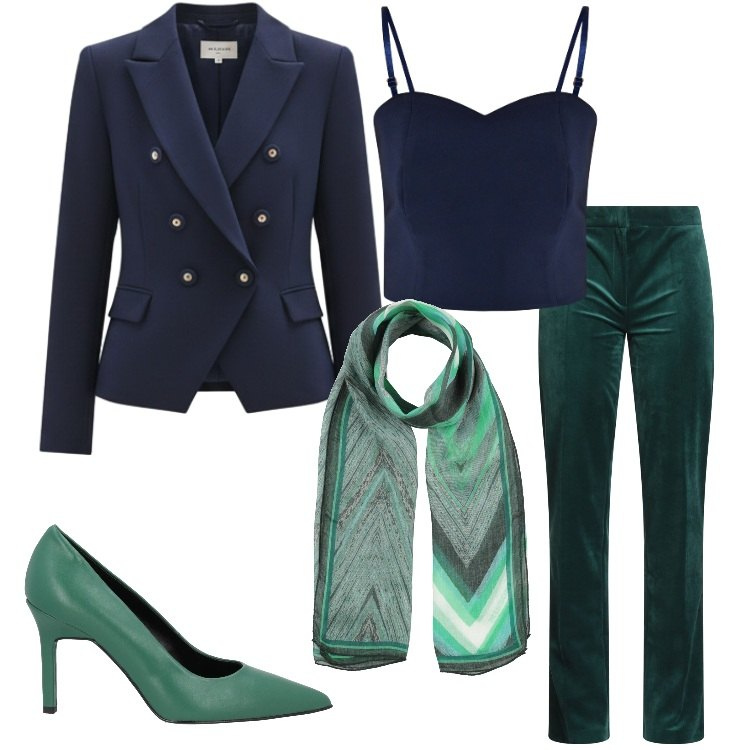 Outfit donna - Blu e verde. Stile Chic per Serata fuori. Abbinamento con décolleté, sciarpe, pantaloni, top, blazer.