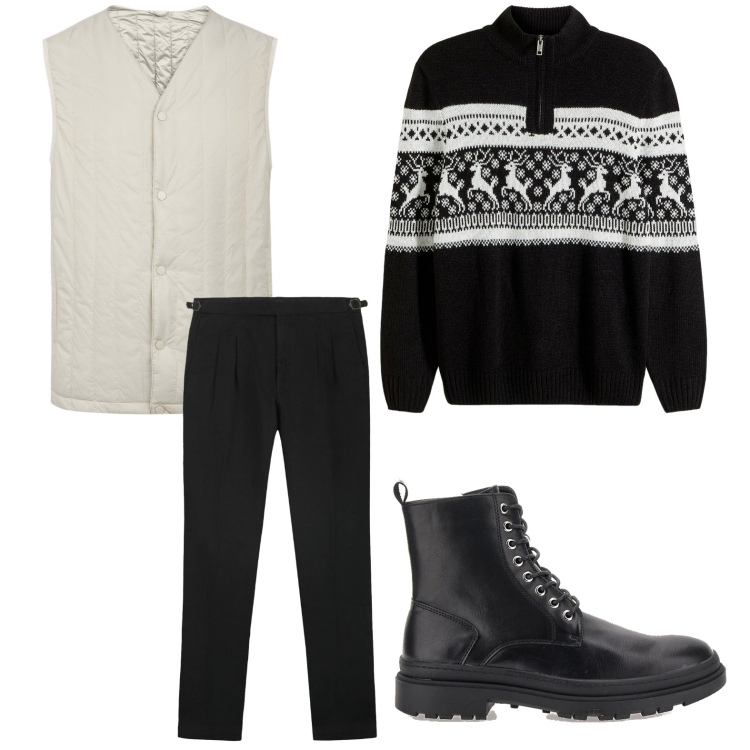 Outfit uomo - Il maglione caldo. Stile Trendy per Tutti i giorni. Abbinamento con maglieria, anfibi, piumini, pantaloni.