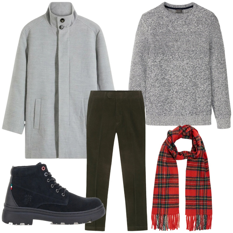 Outfit uomo - La sciarpa ravvivante. Stile Trendy per Tutti i giorni. Abbinamento con maglieria, cappotti, stivali e stivaletti, sciarpe, pantaloni.