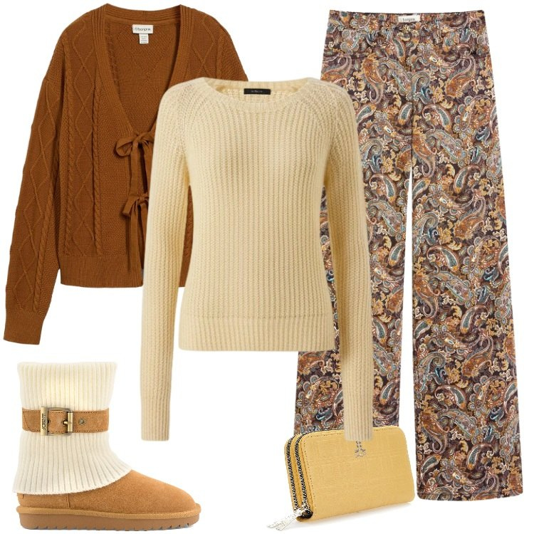 Outfit donna - Total look #2327333. Stile Boho per Tutti i giorni. Abbinamento con cardigans, pantaloni, maglieria, portafogli, stivaletti.