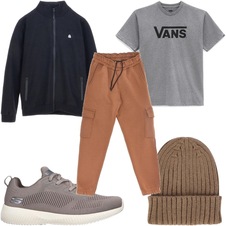 Outfit uomo - Total look #2327338. Stile Trendy per Tutti i giorni. Abbinamento con berretti, t-shirt, sneakers, pantaloni cargo, felpe.