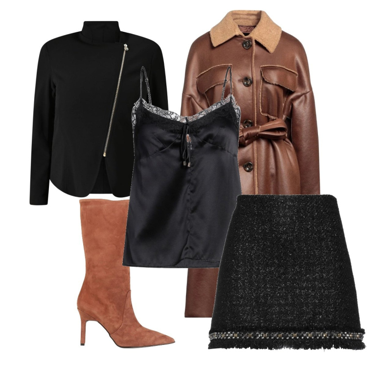 Outfit donna - Serata degustazione. Stile Glamour per Serata fuori. Abbinamento con stivali, cappotti, minigonne, top, blazer.