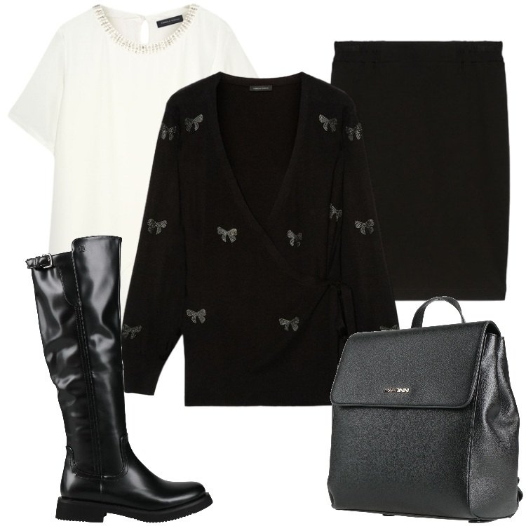 Outfit donna - Total look #2327342. Stile Trendy per Tutti i giorni. Abbinamento con stivali, zaini, cardigans, bluse, gonne longuette.